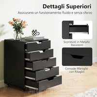 Cassettiera da Ufficio con 5 Cassetti e Ruote, Mobiletto Multiuso per Documenti e Cosmetici, Comodino con Ruote per Camera da letto, Studio, Ufficio e Soggiorno (Nero)