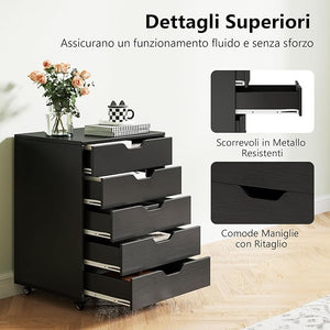 Cassettiera da Ufficio con 5 Cassetti e Ruote, Mobiletto Multiuso per Documenti e Cosmetici, Comodino con Ruote per Camera da letto, Studio, Ufficio e Soggiorno (Nero)