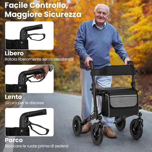 Deambulatore Pieghevole per Anziani in Alluminio, Rollator Regolabile in Altezza con Seduta, Schienale e Freni, Girello per Anziani con Borsetta, Carico Massimo 140 kg (Nero)