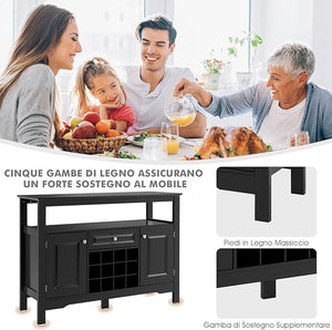 Credenza Moderna con Tanto Spazio, Credenza Cucina con Porta Bottiglie di Vino a Forma Incrociata, Mensola Aperta, 2 Armadietti e Cassetto, 117 x 40,5 x 82,5 cm (Nero)
