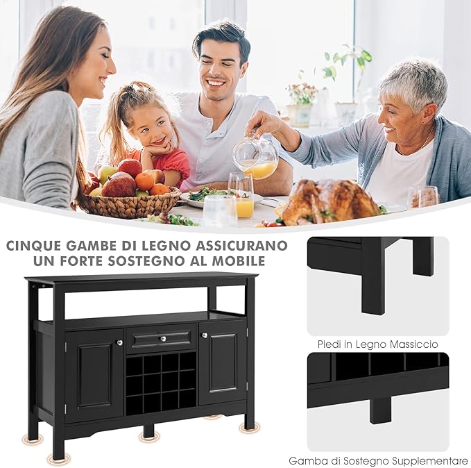 Credenza Moderna con Tanto Spazio, Credenza Cucina con Porta Bottiglie di Vino a Forma Incrociata, Mensola Aperta, 2 Armadietti e Cassetto, 117 x 40,5 x 82,5 cm (Nero)