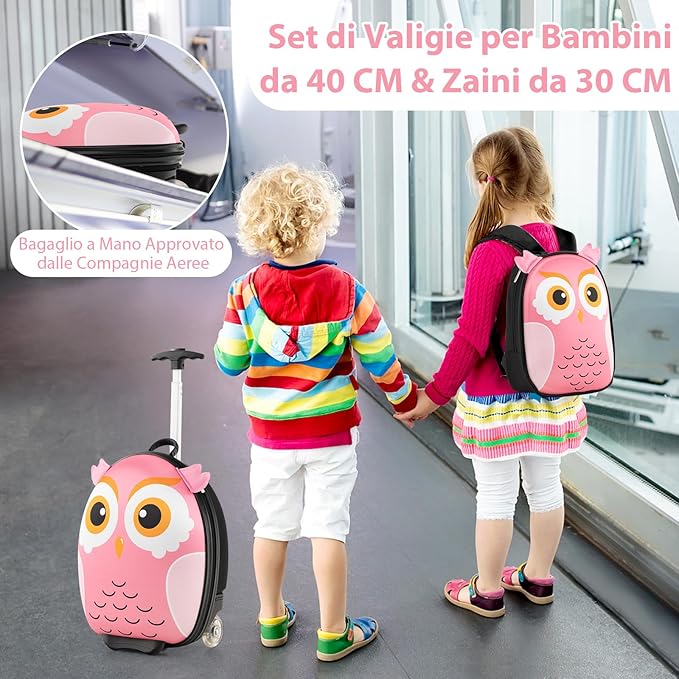 2 Pezzi Valigia per Bambini con Maniglia Retrattile + Zaino Bagaglio a Mano, con ruote girevoli a 360 ° (gufo 3)