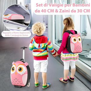 2 Pezzi Valigia per Bambini con Maniglia Retrattile + Zaino Bagaglio a Mano, con ruote girevoli a 360 ° (gufo 3)