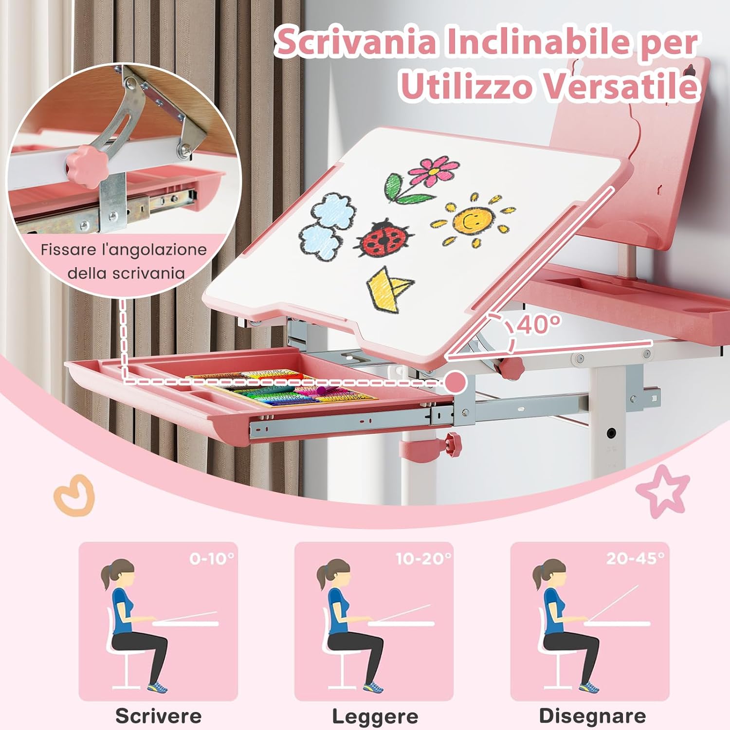 Set di Scrivania e Sedia per Bambini 3+ Anni, Scrivania Regolabile in Altezza con Piano Inclinabile, Supporto per Libri & Barra Poggiapiedi e Sedia Ergonomica, Ideale per Disegno (Rosa)