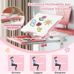 Set di Scrivania e Sedia per Bambini 3+ Anni, Scrivania Regolabile in Altezza con Piano Inclinabile, Supporto per Libri & Barra Poggiapiedi e Sedia Ergonomica, Ideale per Disegno (Rosa)