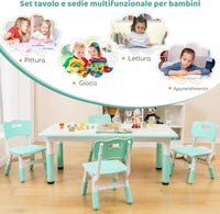 Set Tavolo e 4 Seide per Bambini, Scrivania Regolabile in Altezza con Piano Graffiti, Gambe Antiscivolo, Mobile Multifuzione con 4 Posti per Cameretta, Asilo e Scuola (Verde)