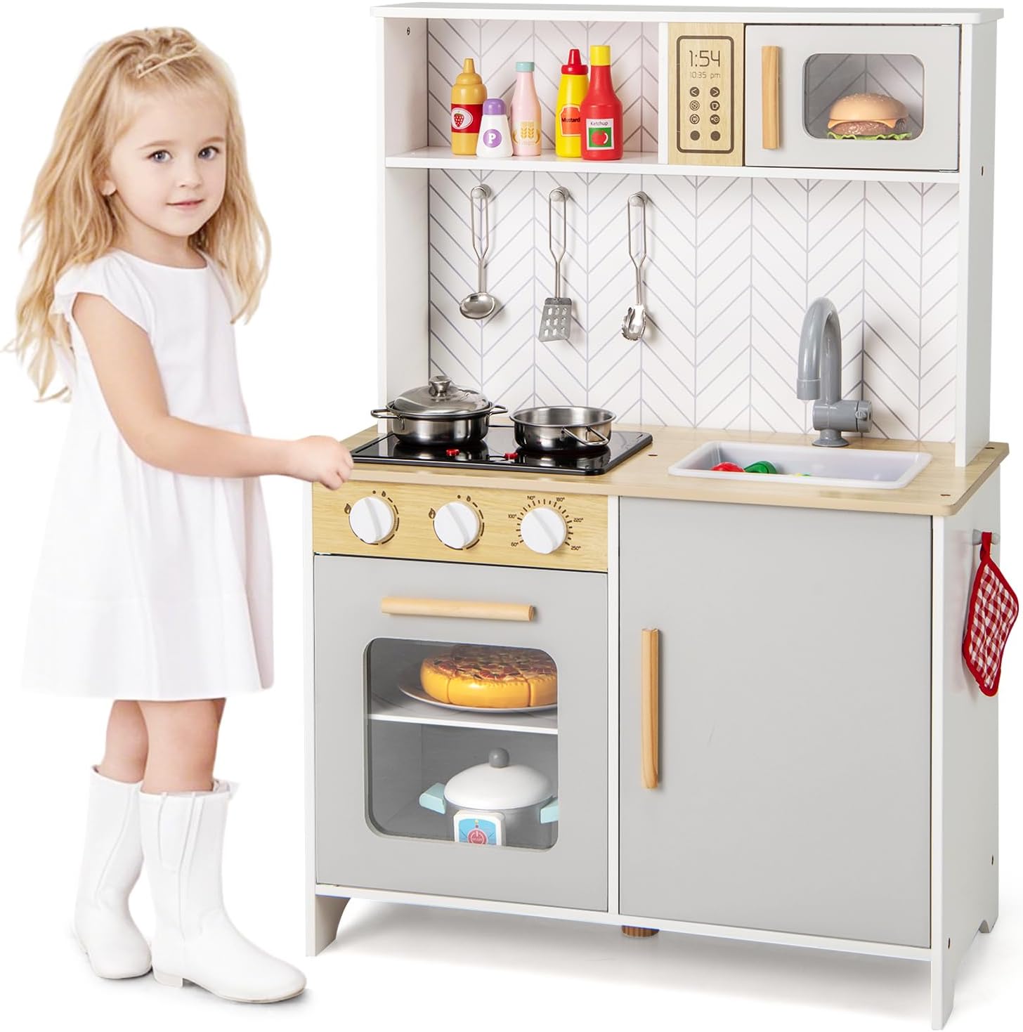 Cucina Giocattolo con Fornelli a Suoni e Luci Reali, Cucina per Bambini in Legno con Lavandelo Estrabile, Microonde e Forno, Set Cucina con Accessori, 60 x 30 x 85 cm, per Bambini 3+ Anni