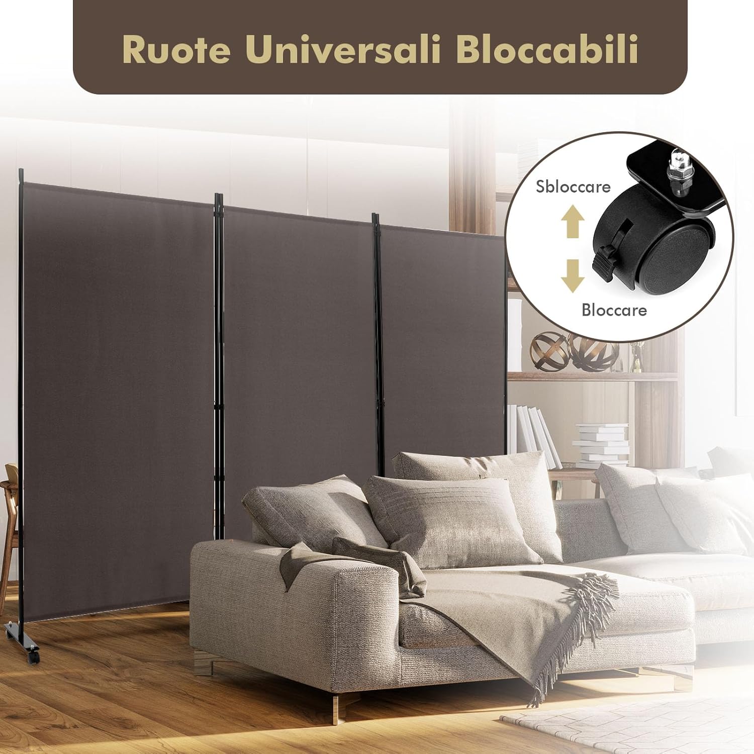 Paravento da Interno in Metallo, Separé Divisorio Interno Pieghevole con Piedini Stabili, Pannelli Divisori per Interni per Casa e Ufficio (Marrone, 262 x 180 cm (3 Pannelli con ruote))