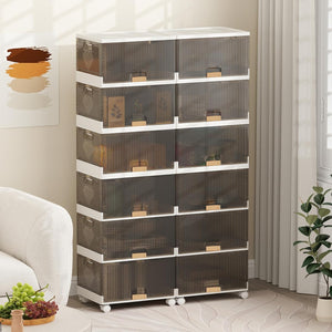 Scatole Immagazzinaggio Impilabili e Pieghevole con Ruote, Contenitore a 6 Ripiani con Coperchi, Organizzatori Trasparente, per Camera da Letto e Soggiorno, Bianco (37,5 x 27,5 x 121 cm)