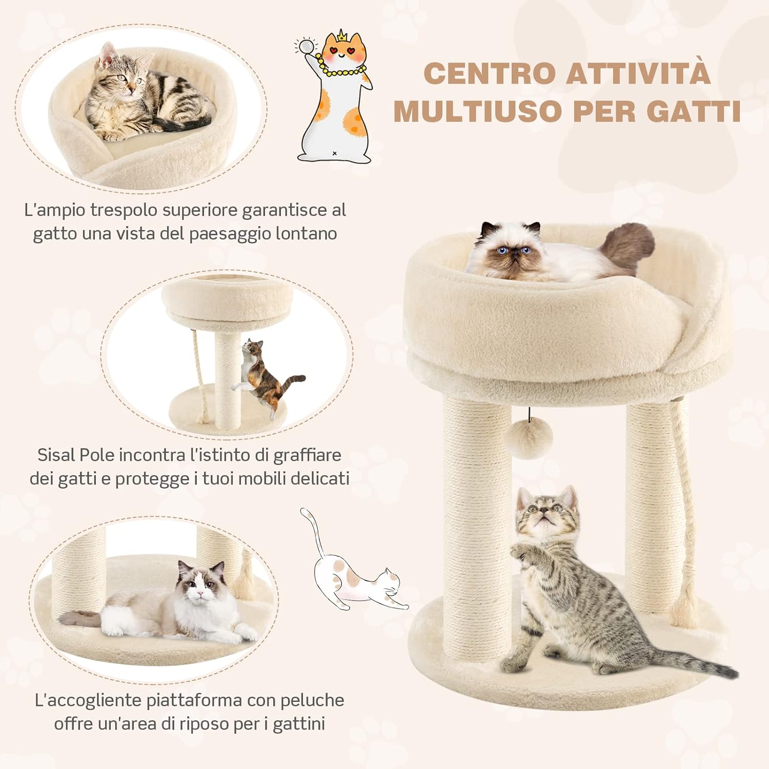 Tiragraffi per Gatti, Albero Tiragraffi Gatto con Cuccia in Peluche, Pallina, Corde e Tiragraffi in Sisal, Tiragraffi da Divano in Legno per Gatti Piccoli, 43 x 43 x 53 cm (Beige)