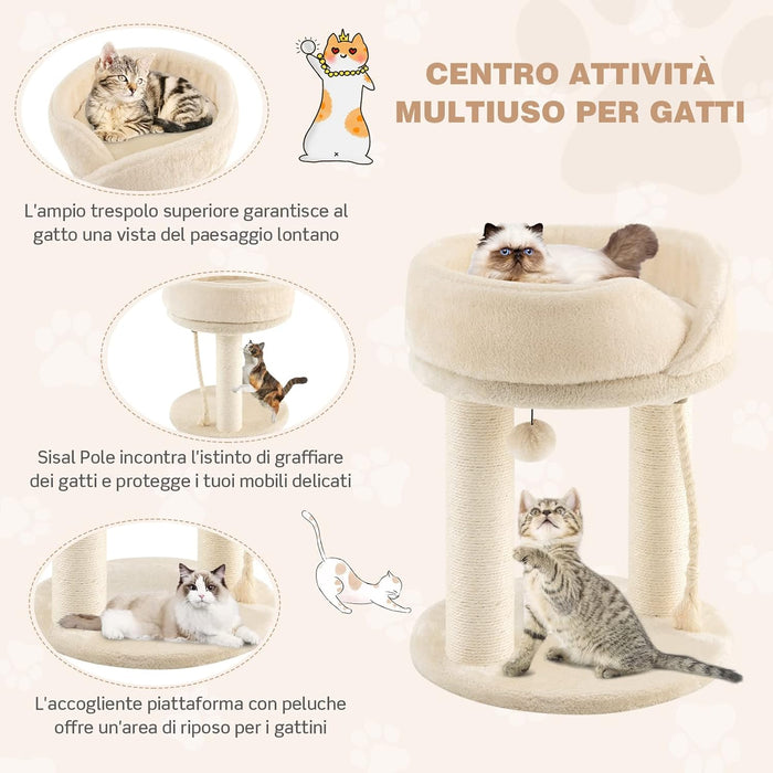 Tiragraffi per Gatti, Albero Tiragraffi Gatto con Cuccia in Peluche, Pallina, Corde e Tiragraffi in Sisal, Tiragraffi da Divano in Legno per Gatti Piccoli, 43 x 43 x 53 cm (Beige)