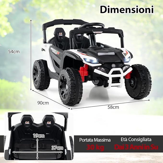 12V Macchina Elettrcia per Bambini, UTV Auto Elettrica con Telecomando, 3 Velocità, Luci LED, Musica, Clacson e Sospensioni a Molla, 3-5 km/h, Ideale per Bambini 3 Anni+ (Bianco)