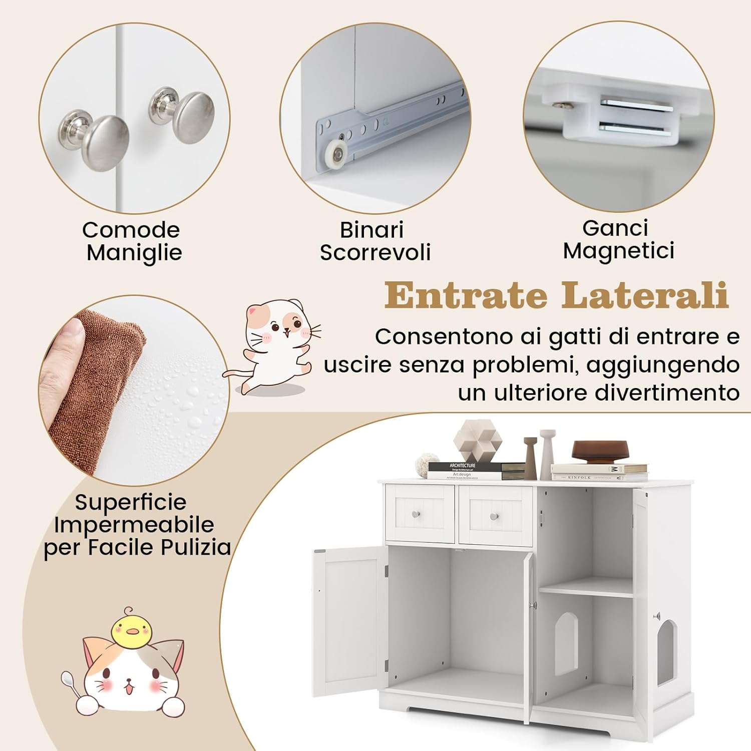 Lettiera Nascosto per Gatti, Mobile Laterale per Gatti con 2 Cassetti, 3 Porte e Dispositivi Anti-Ribaltamento, Armadio Moderno per Animali Domestici, Bianco