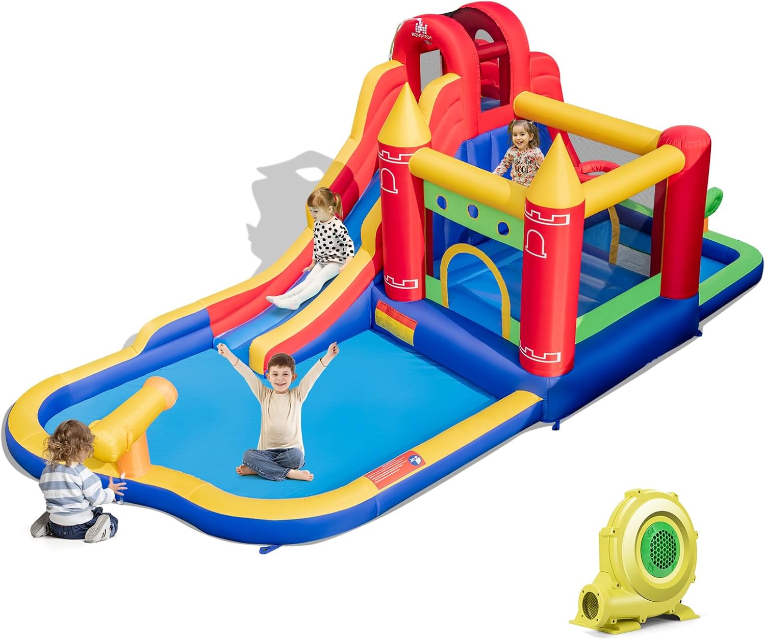 Castello Gonfiabile, Casa Gonfiabile con Scivolo, Piscina, Parete da Arrampicata, Trampolino e Cannone d'Acqua, con ventilatore, per Bambini di 3-10 Anni, 624 x 270 x 235 cm