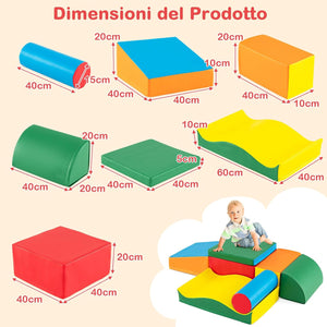Set 7 Blocchi in Schiuma per Bambini, Set Gioco da Arrampicata con Rivestimento Rimovibile in Pelle Artificiale, Blocchi di Costruzione Morbidi per Bambini da Interno, Multi-Colore