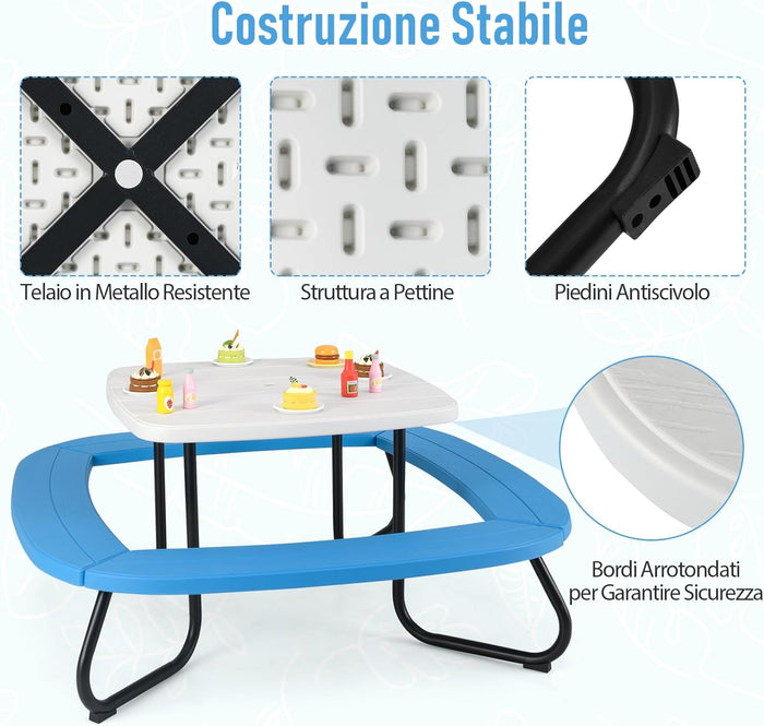 Tavolo da Picnic per Bambini con 8 Posti 125 × 125 × 100-160 cm, Tavolino Bambini in HDPE con Ombrellone Regolabile e Pieghevole, Struttura in Metallo e 4 Panchine (tavolo bianco)