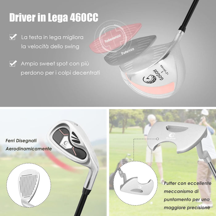 Set di Mazze da Golf per Donne, Include Driver in Lega di Alluminio, Legno da Fairway 3, Ibrido 4, Ferri 6, 7, 8 e 9, Putter, Sacca da Golf con Cinghie, Rosa, 24 x 24 x 115,5 cm