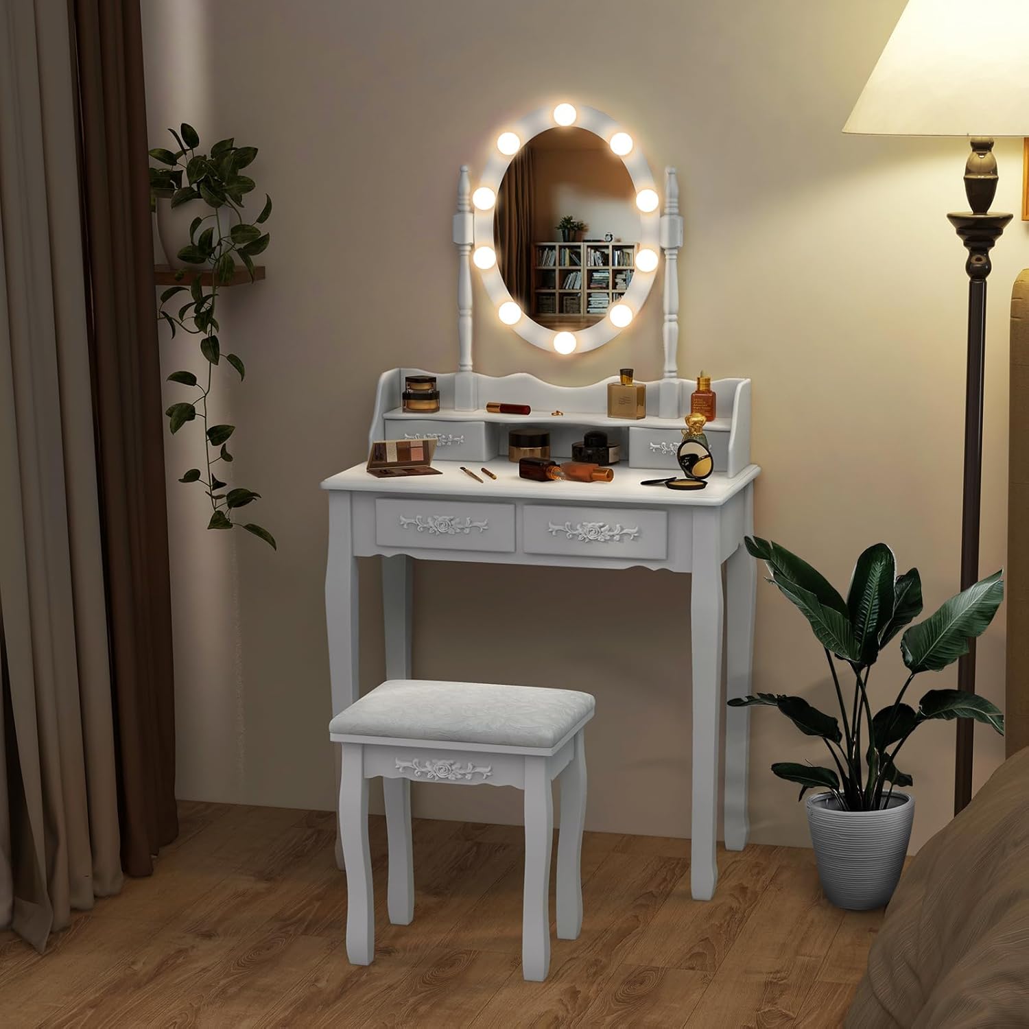 Toeletta da Trucco con 10 Luci LED, Tavolo da Trucco con Specchio Ovale Illuminato, Toeletta con 4 Cassetti e Sgabello Imbottito per Camera da Letto (Bianco)