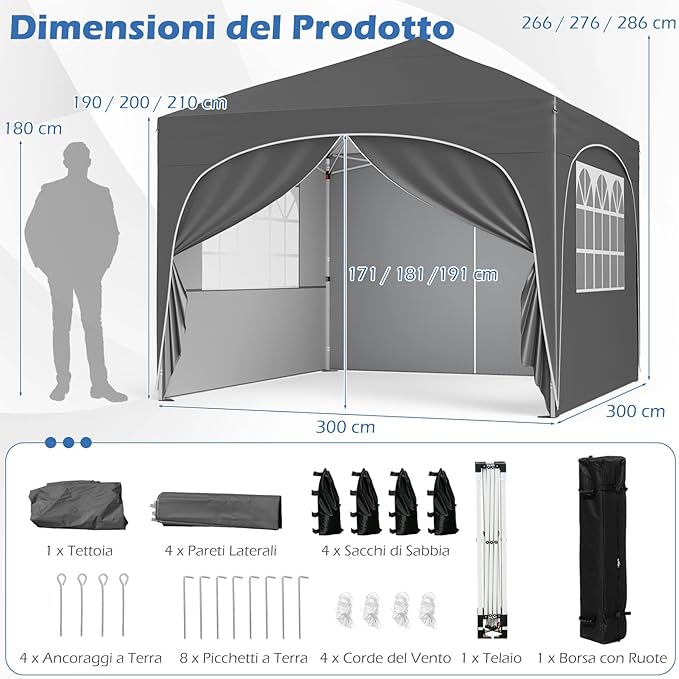 Gazebo Piehevole da Esterno 3 x 3 m, Gazebo Regolabile in Altezza con Pareti Rimovibili, Borsa con Ruote, Picchetti, Ancoraggi, Corde Vento e Sacchi di Sabbia, Tendone per Giardino (Grigio)