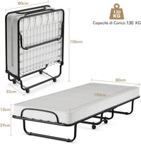 Letto Brandina Pieghevole 190x80 cm, Letto Portatile con Materasso 10 cm in Memory Foam, con Telaio in Metallo e Ruote, Carico di 130kg (Stile 1)