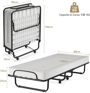 Letto Brandina Pieghevole 190x80 cm, Letto Portatile con Materasso 10 cm in Memory Foam, con Telaio in Metallo e Ruote, Carico di 130kg (Stile 1)