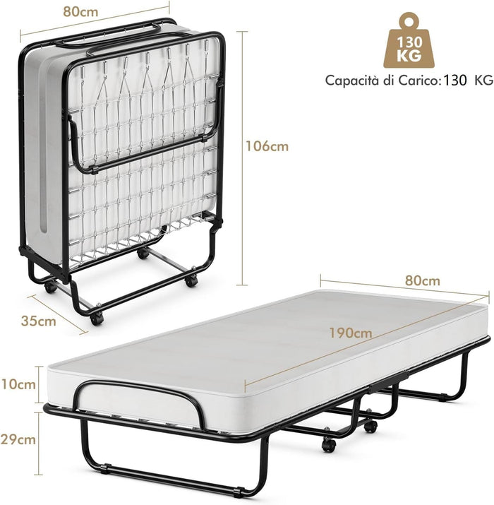 Letto Brandina Pieghevole 190x80 cm, Letto Portatile con Materasso 10 cm in Memory Foam, con Telaio in Metallo e Ruote, Carico di 130kg (Stile 1)