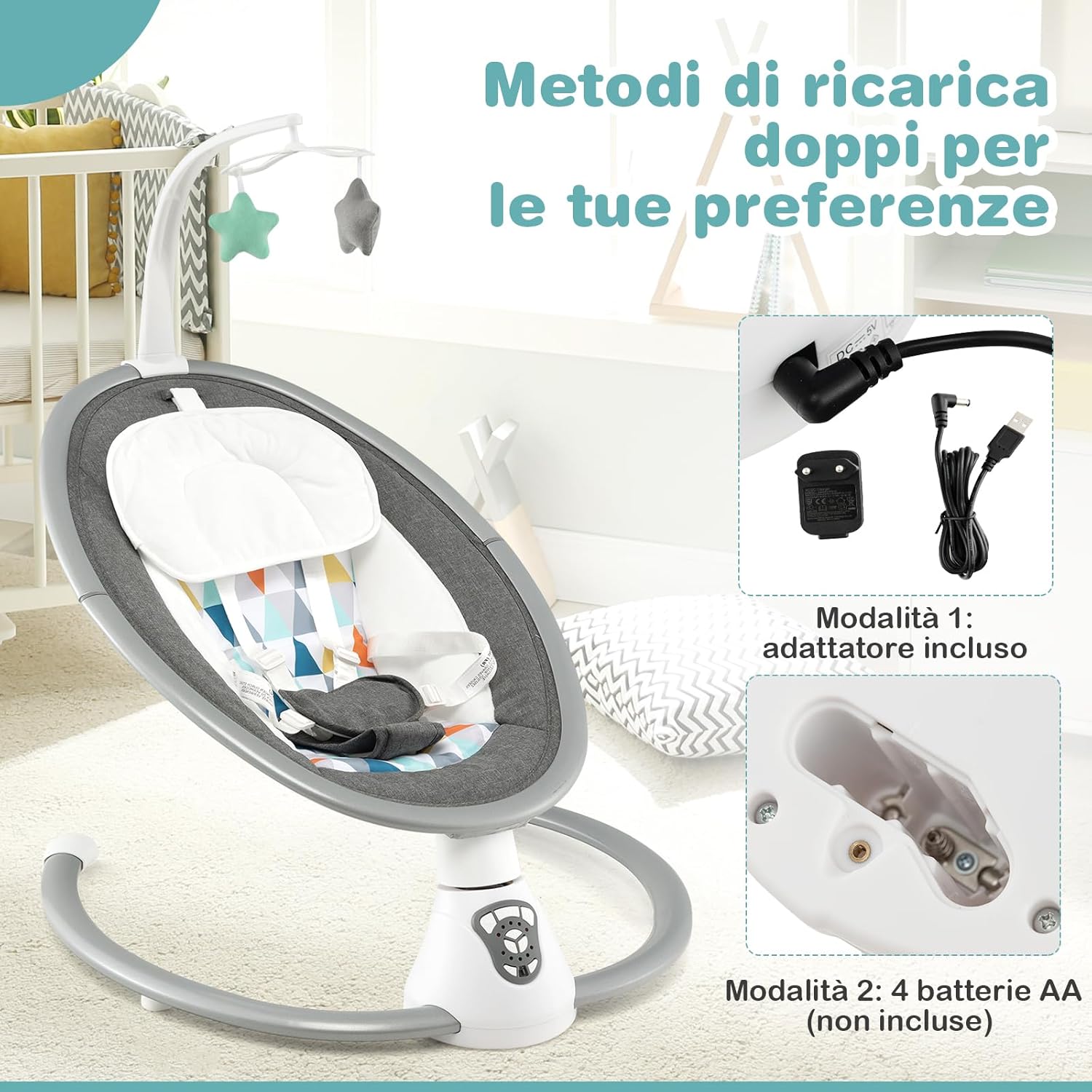 Sdraietta Elettrica Neonati con 12 Melodie e Cuscino Riduttore, 5 Livelli di Dondolante (Velocità e Dondolante), Caricabatterie USB, Telecomando, Cinture di Sicurezza (GRIGIO)
