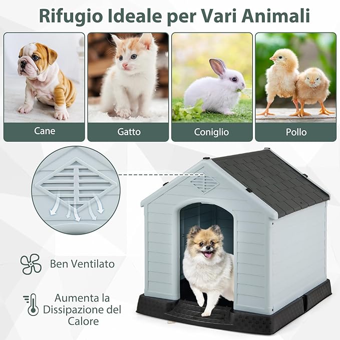 Cuccia per Cani da Esterno ed Interno, Cassetta Impermeabile e Ventilata con Valvole d’Aria e Pavimento Rialzato, per Cani di Piccola e Media Taglia (Grigio, 70 x 65 x 71,5 cm)