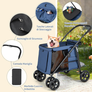 Passeggino per Cani Pieghevole, Carrello a 4 Ruote per Animali Domestici Piccoli e Medi, Trasportino Portatile con Ruote, Lucernario e Tasche, Chiusura Rapida (Blu)