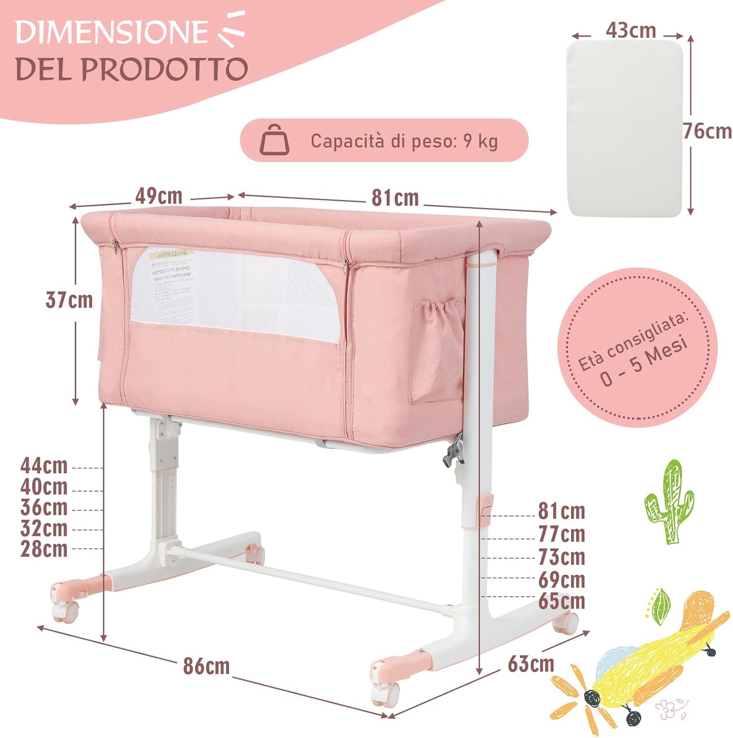 Culla Neonato Fianco Letto 3 in 1, Lettino Dondolo Neonati con Materasso, Culla da Campeggio con Ruote e Borsa, Regolabile In Altezza, Inclinazione di 10°, per Bambini 0-6 Mesi (Rosa)