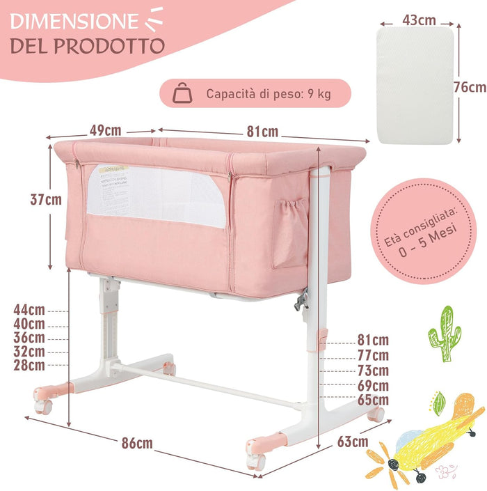 Culla Neonato Fianco Letto 3 in 1, Lettino Dondolo Neonati con Materasso, Culla da Campeggio con Ruote e Borsa, Regolabile In Altezza, Inclinazione di 10°, per Bambini 0-6 Mesi (Rosa)