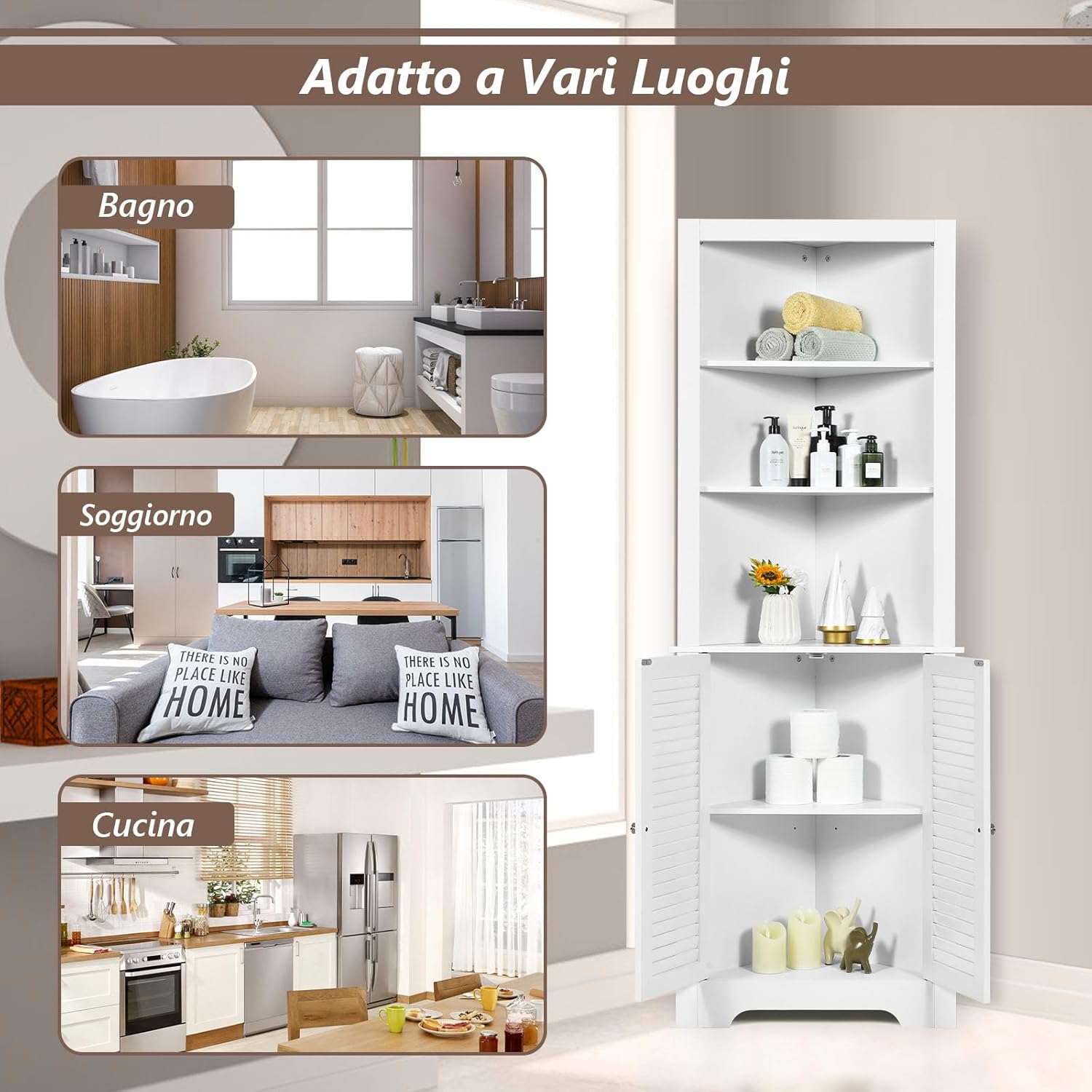 Armadio Angolare 60 x 44,5 x 173 cm, Mobile Angolare con 3 Ripiani Aperti e 2 Ante, Mobiletto Bagno Salvaspazio per Ingresso, Cucina e Salotto