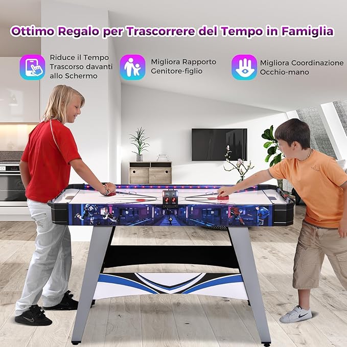 Air Hockey da Tavolo con 2 Spintori e Dischi, Piedini Regolabili, Tavolo da Hockey Alimentato con 12V Motore e Tabellone Segnapunti LED, Tavolo Hockey da Interno 137 x 65 x 86 cm