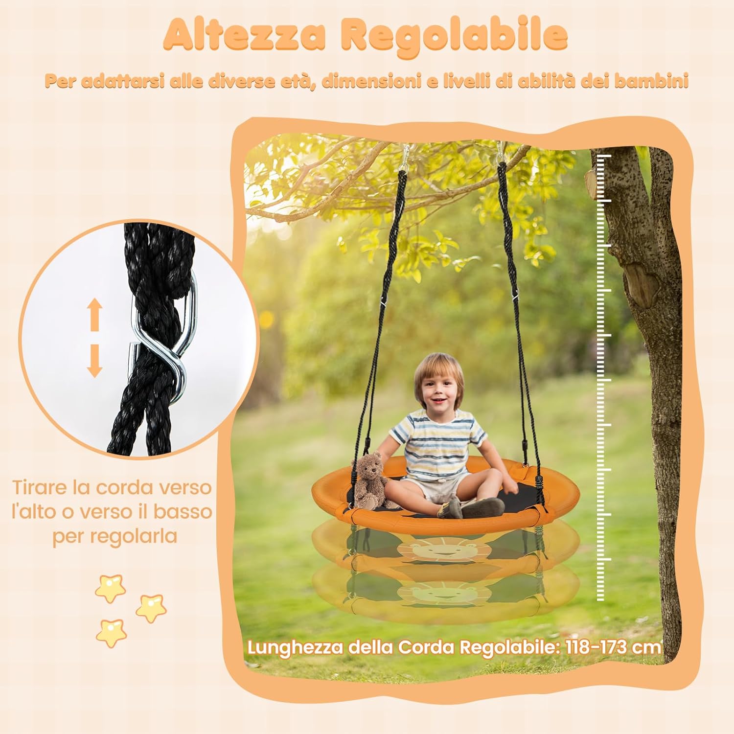 Altalena a Cerchio da 102 cm, Altalena a Nido con Corde Regolabili e Moschettoni, Tessuto Oxford Impermeabile, Altalena Rotonda da Esterno con Rotazione a 360Â° per Bambini(Giallo)
