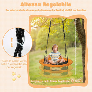 Altalena a Cerchio da 102 cm, Altalena a Nido con Corde Regolabili e Moschettoni, Tessuto Oxford Impermeabile, Altalena Rotonda da Esterno con Rotazione a 360Â° per Bambini(Giallo)