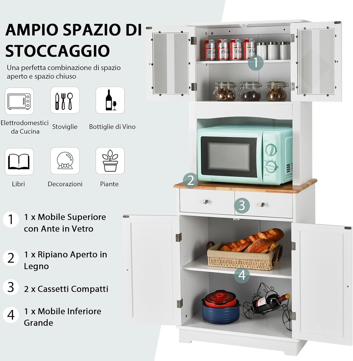 Mobile dispensa da cucina autoportante, Buffet con Piano in Legno, Credenza e 2 Cassetti, Ripiani Regolabili, Armadietto con Ante in Vetro, Spazio Aperto per Forno a Microonde, Bianco