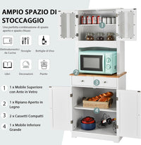 Mobile dispensa da cucina autoportante, Buffet con Piano in Legno, Credenza e 2 Cassetti, Ripiani Regolabili, Armadietto con Ante in Vetro, Spazio Aperto per Forno a Microonde, Bianco