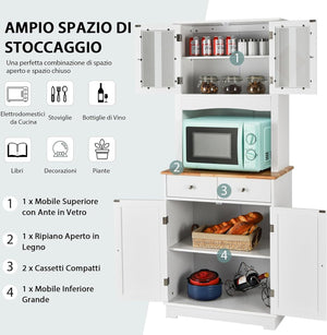 Mobile dispensa da cucina autoportante, Buffet con Piano in Legno, Credenza e 2 Cassetti, Ripiani Regolabili, Armadietto con Ante in Vetro, Spazio Aperto per Forno a Microonde, Bianco