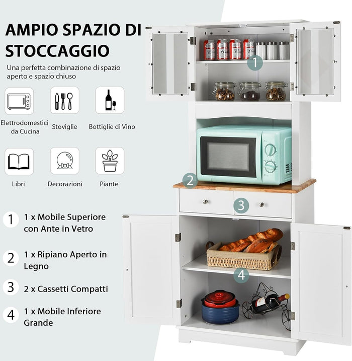 Mobile dispensa da cucina autoportante, Buffet con Piano in Legno, Credenza e 2 Cassetti, Ripiani Regolabili, Armadietto con Ante in Vetro, Spazio Aperto per Forno a Microonde, Bianco