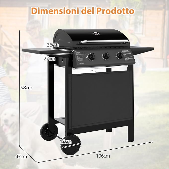 Griglia a Gas con 3 Bruciatori, Griglia da Esterno con Coperchio in Acciaio Inox e Tavolini Laterali, Attrezzatura per Barbecue da Patio su Ruote per Campeggio, Giardino