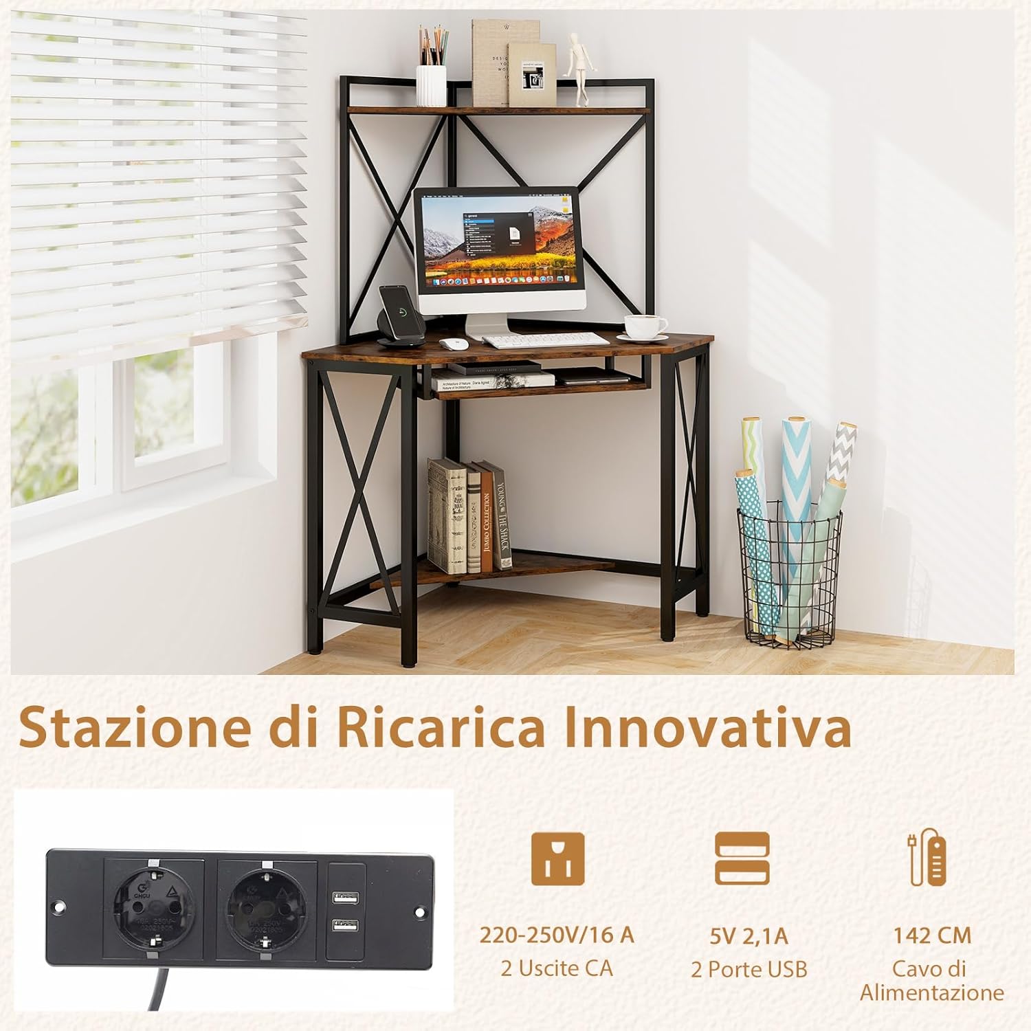 Scrivania Angolare con Prese, Scrivania ad Angolo con Ripiani, Porta Tastiera Estraibile e Struttura in Metallo, Scrivania Salvaspazio per Ufficio e Casa(marrone e nero)