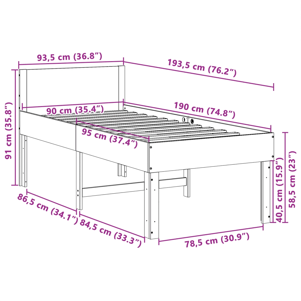Letto senza Materasso-Struttura Letto Bianco 90x190 cm in Legno Massello Pino 404183