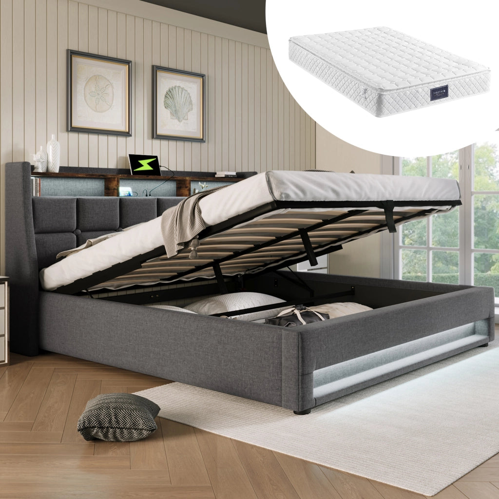 LETTO 160x200 cm in lino grigio con USB, LED e contenitore