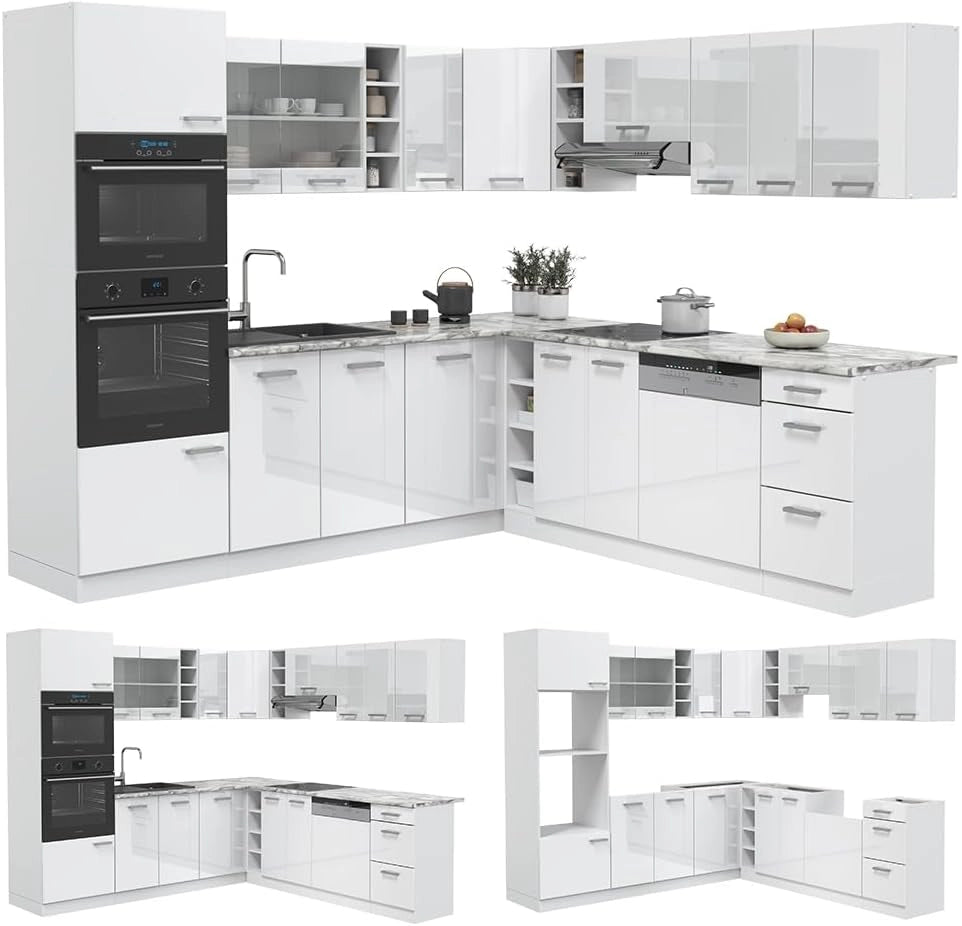 Cucina angolare completa R-Line, Bianco lucido, 247 x 60 cm, PL Marmo, per disposizione flessibile ed espansione modulare