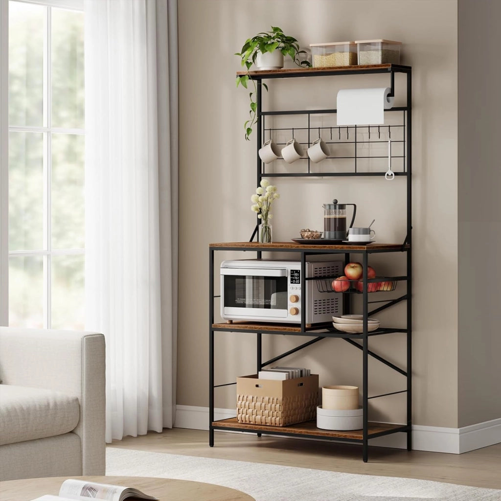 Scaffale da Cucina a 4 Livelli, Scaffale per Microonde con 10 Ganci, Cestino Estraibile, Supporto per Rotolo da Cucina, Struttura in Metallo, 80x40x168cm, Marrone Rustico+Nero
