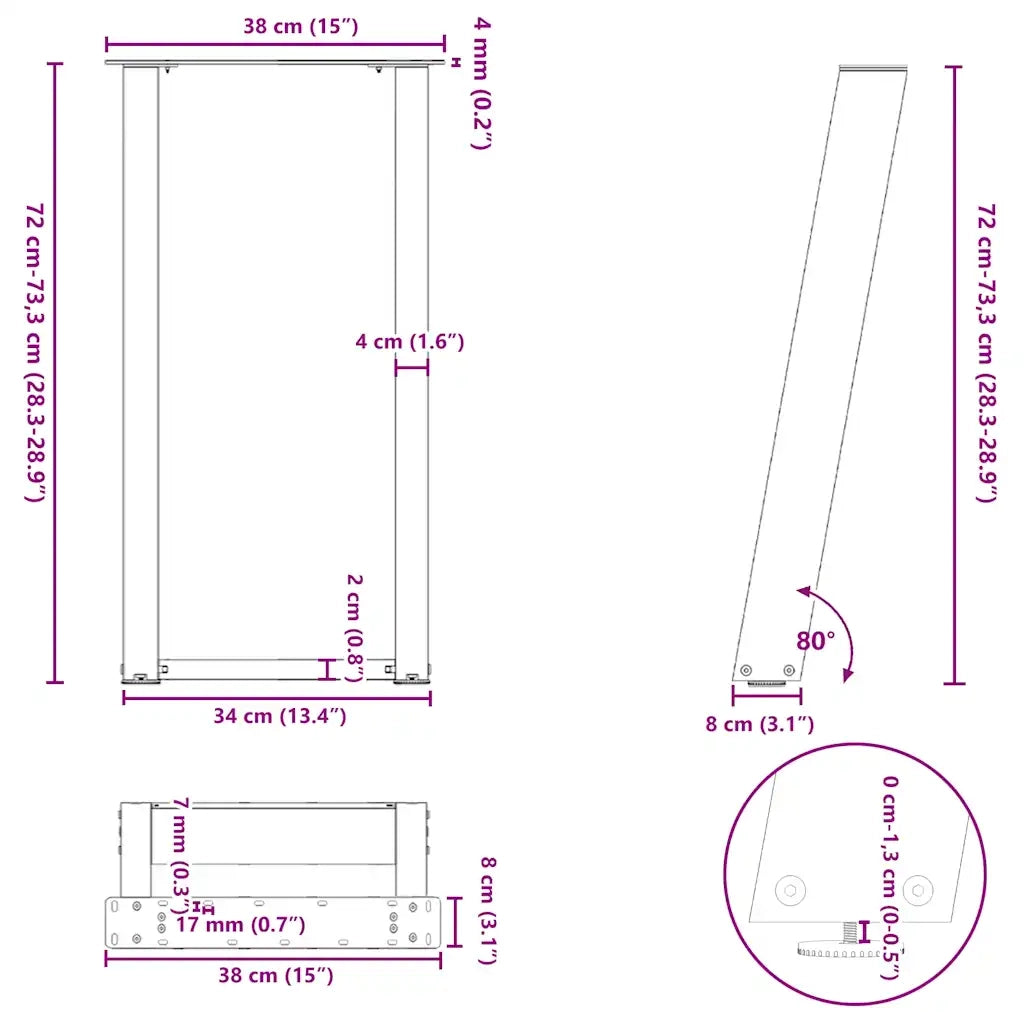 Gambe per tavolo consolle a forma di U 2 pz in acciaio naturale 38x(72-73) cm 4012783