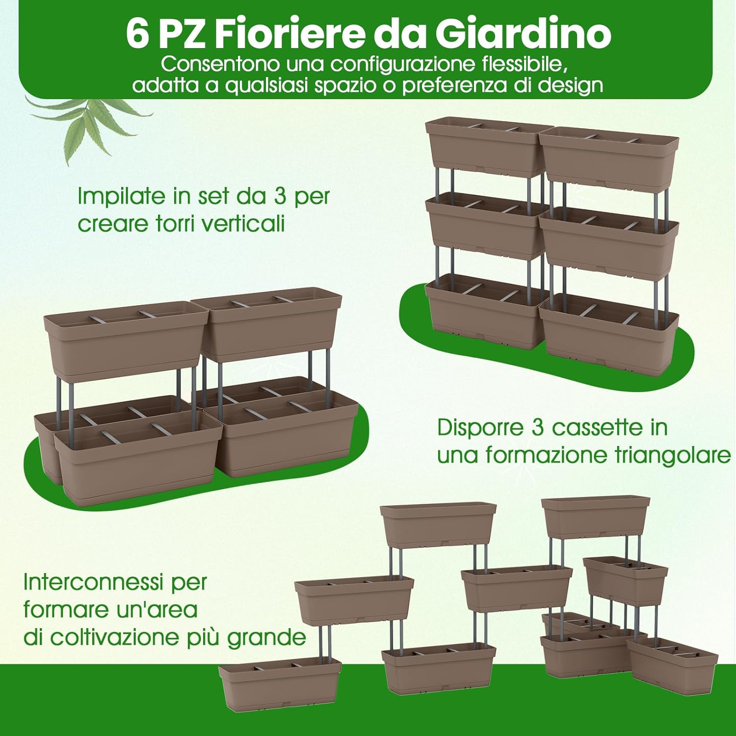 Letto Verticale Rialzato, 6 PZ Fioriere da Giardino per Verdure, Erbe e Fiori, Fioriere Elevate per Interni ed Esterni per Patio, Giardino e Balcone (Grigio)