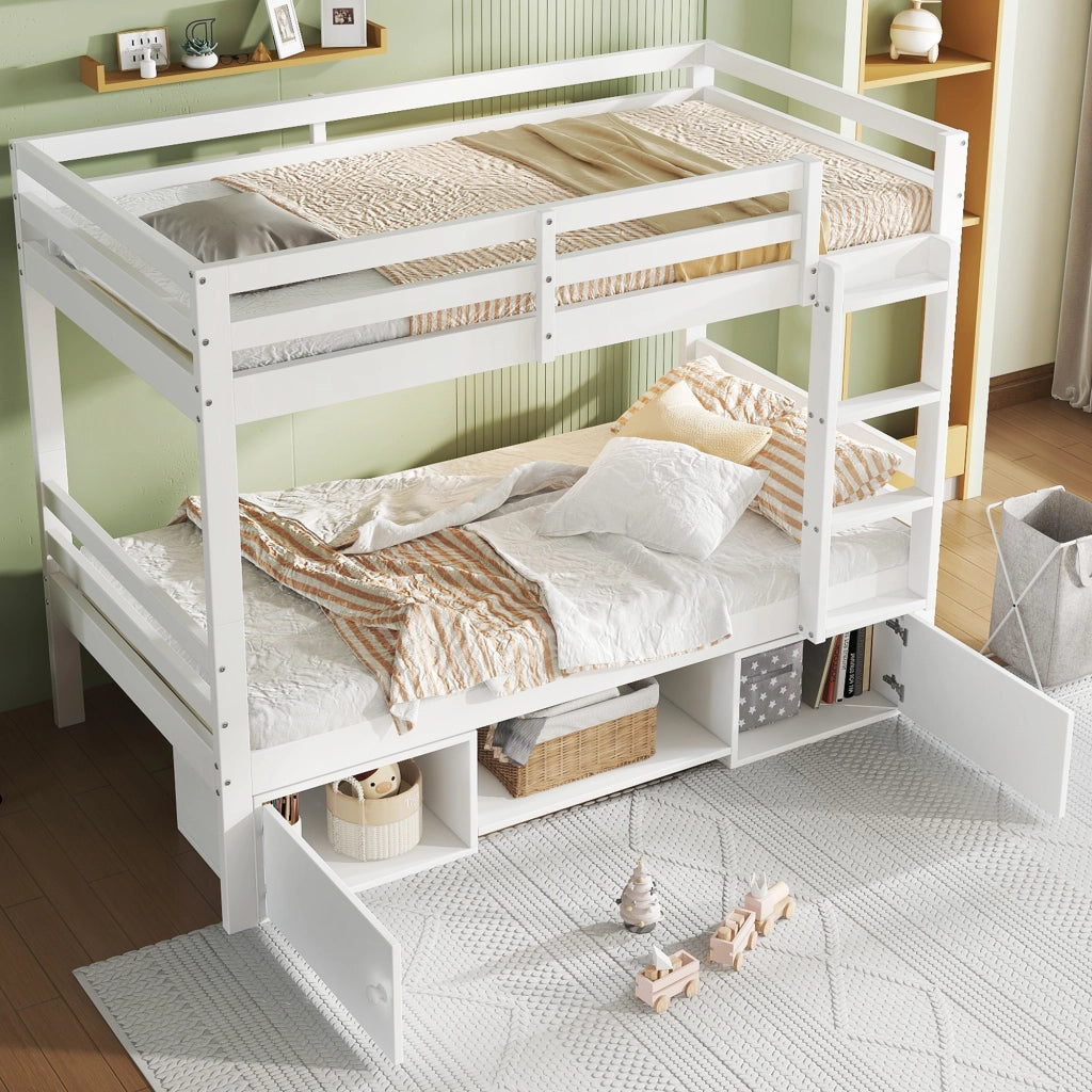 Letto a castello per bambini con scarpiera e armadietti, 90x200 cm, bianco