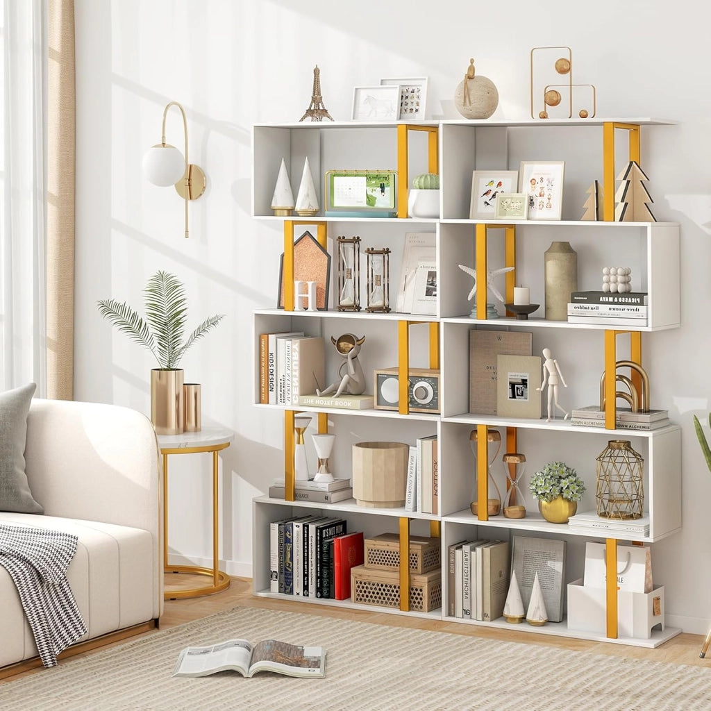 Libreria a 5 Livelli in Legno, Scaffale con Struttura in Metallo, Forma di S, Librerie Salvaspazio Divisorio per Soggiorno Ufficio e Studio, Carico 120kg (70 x 24 x 157 cm)