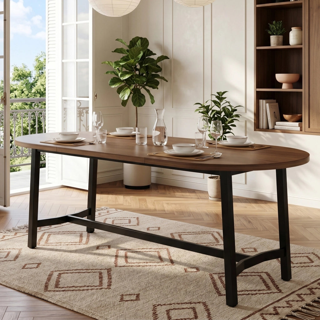 Tavolo da pranzo 180x80 cm per 6-8 persone, angoli arrotondati, struttura in ferro, colore noce